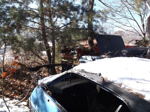 1974 Dodge Challenger - Junkyard scene with a partially snow-covered blue car interior visible amongst trees and other discarded vehicles.