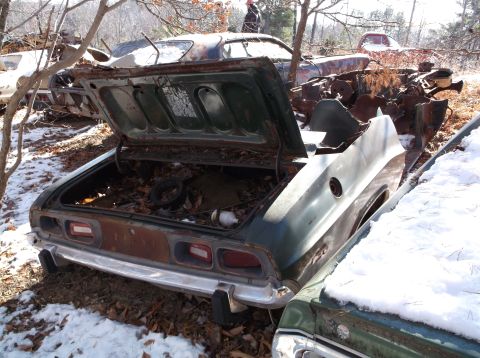 1974 Dodge Challenger - A derelict 1974 Dodge Challenger sits in a junkyard, its trunk open and filled with debris.