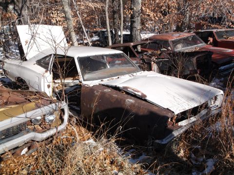 1974 Dodge Challenger - Multiple abandoned vehicles sit in a wooded junkyard during winter.