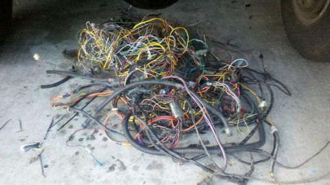 1982 Ford Bronco - A large bundle of multicolored electrical wires lies in a heap on a concrete surface.