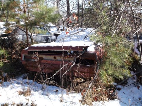 1974 Dodge Challenger - The rear of a rusty, orange-red classic car is visible, partially covered in snow and overgrown with vegetation. Another vehicle is partial…