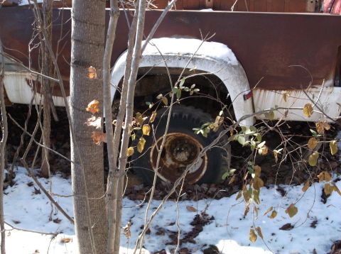 1974 Dodge Challenger - The rear wheel and fender of a rusty, older pickup truck are visible, partially covered by snow and surrounded by bare branches. The truck…