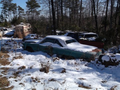 1974 Dodge Challenger - A green car sits partially covered in snow amidst trees and other objects.