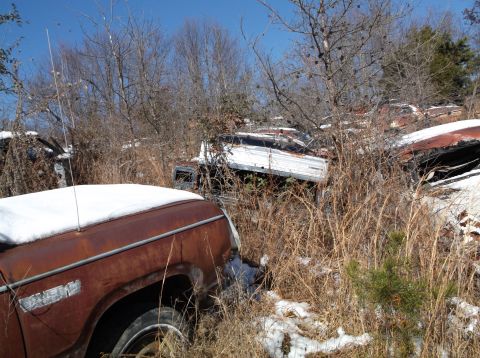 1974 Dodge Challenger - Several old vehicles sit abandoned in a snowy, overgrown junkyard under a clear blue sky.