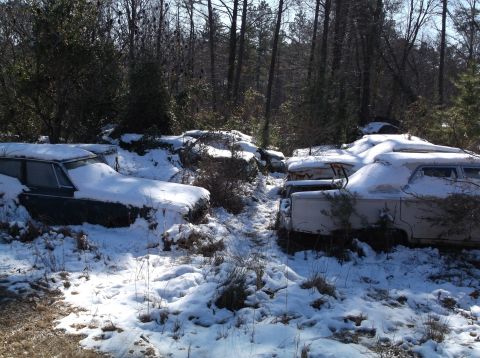 1974 Dodge Challenger - Two vintage station wagons are partially buried in snow in a wooded area. The vehicle on the left is dark green, while the one on the right…