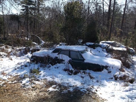 1974 Dodge Challenger - A dark green sedan is partially buried in snow and overgrown with vegetation in a wooded area. The car is covered in a thick layer of snow,…