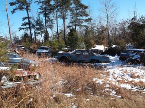 1974 Dodge Challenger - Several old, rusty cars are parked in a wooded area with patches of snow on the ground. One blue sedan is prominently featured in the cente…