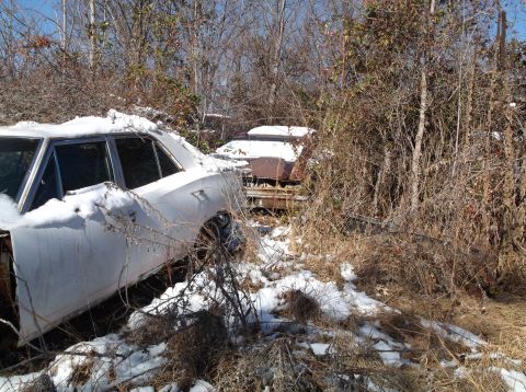 1974 Dodge Challenger - Two abandoned vehicles are partially covered in snow and overgrown with brush. The vehicle in the foreground is a white sedan, and the vehi…
