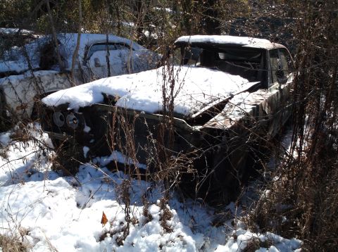 1974 Dodge Challenger - An abandoned car, possibly a 1974 Dodge Challenger, sits in the snow, partially obscured by dry brush and branches. The front of the vehicl…
