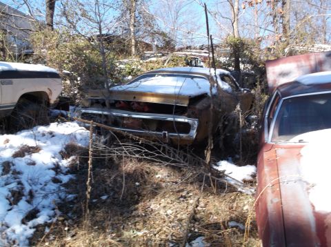 1974 Dodge Challenger - Two abandoned classic cars are partially covered in snow, with one appearing to be a gold 1974 Dodge Challenger. The vehicles are overgrown…