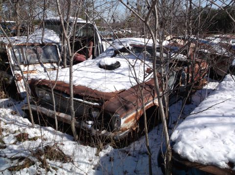 1974 Dodge Challenger - A rusty, snow-covered vintage car is partially obscured by bare tree branches in a junkyard setting. The front grille and headlights of the…