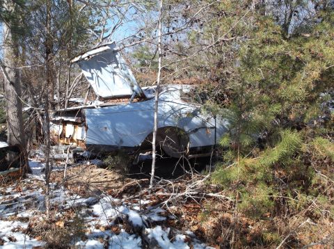 1974 Dodge Challenger - An abandoned light blue vehicle is heavily overgrown with trees and brush in a wooded area with patches of snow on the ground. The hood is…