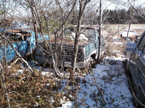 1974 Dodge Challenger - A weathered, teal-colored pickup truck sits partially obscured by bare tree branches and snow. Another blue vehicle is visible to the left,…