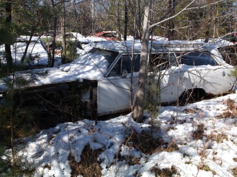 1974 Dodge Challenger - A white station wagon, likely a Dodge, sits abandoned in a snowy wooded area. The vehicle is heavily weathered and missing its front end.