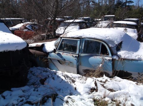 1974 Dodge Challenger - Several old cars sit in a snowy junkyard, one light blue sedan is partially visible.