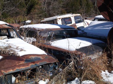 1974 Dodge Challenger - Several old, rusty cars are parked in a wooded area, covered in snow and dry grass. The foreground shows the hood and front fender of a car…