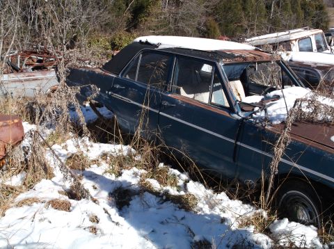 1974 Dodge Challenger - A dilapidated dark blue sedan sits in a snowy junkyard, partially covered in snow and surrounded by dry brush. The car shows significant ru…