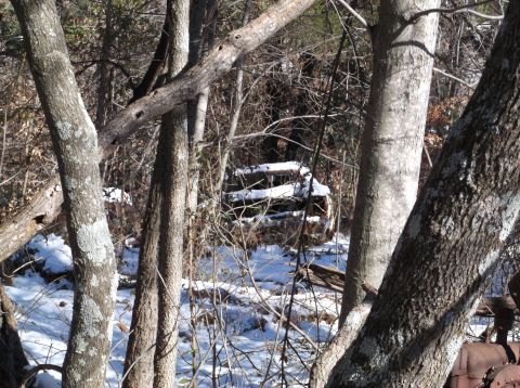 1974 Dodge Challenger - A partially snow-covered vehicle, possibly a 1974 Dodge Challenger, is visible through trees in a wooded area. The scene shows the vehicle'…