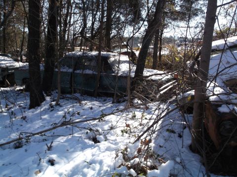 1974 Dodge Challenger - Two old, abandoned cars are partially covered in snow and surrounded by trees. The car in the foreground is mostly obscured by branches, bu…
