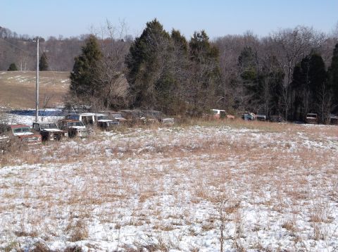 1974 Dodge Challenger - A collection of vintage pickup trucks and SUVs are parked in a snow-dusted field with trees in the background.