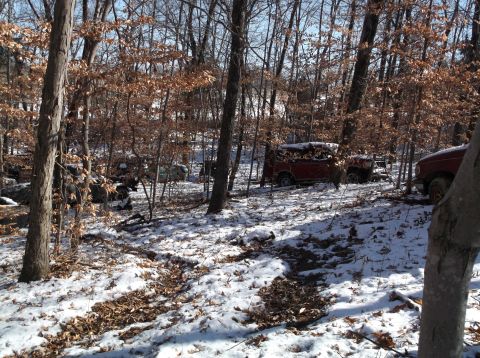 1974 Dodge Challenger - Multiple vehicles are seen parked in a wooded area covered in snow, with one red SUV being most prominent.