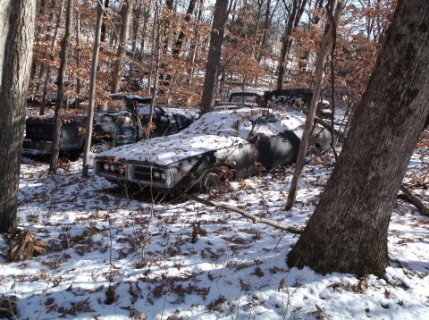 1974 Dodge Challenger - A weathered car sits abandoned in a snowy forest, with another vehicle partially visible behind it.