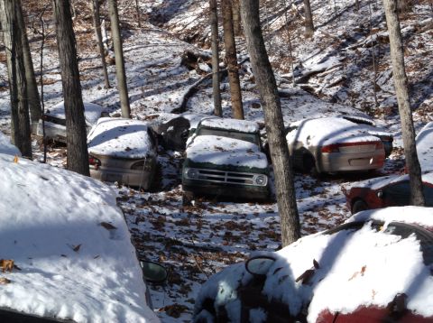 1974 Dodge Challenger - Multiple vehicles are parked in a snowy, wooded area, suggesting a junkyard or abandoned lot.