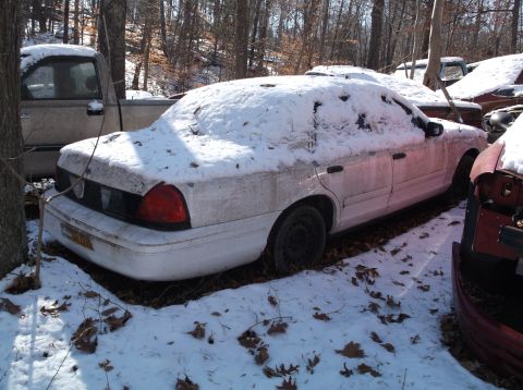 1974 Dodge Challenger - A white sedan sits abandoned in the snow, partially obscured by trees and other vehicles.