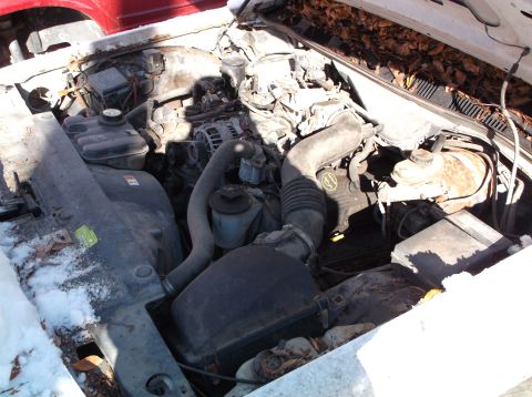 1974 Dodge Challenger - The engine compartment of a vehicle is shown, partially covered in snow, with fallen leaves visible.