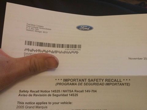 2000 Mercury Grand Marquis - A safety recall notice from Ford Motor Company for a 2005 Grand Marquis is shown.