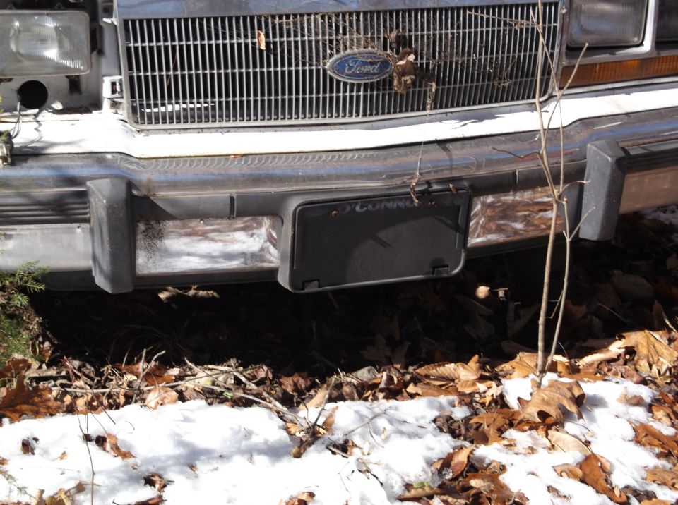 Front bumper and grille of a white Ford vehicle with a license plate frame reading "O'CONNOR"