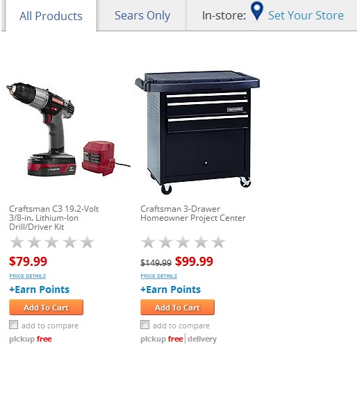 Sears website product listing for a Craftsman drill kit and 3-drawer tool chest