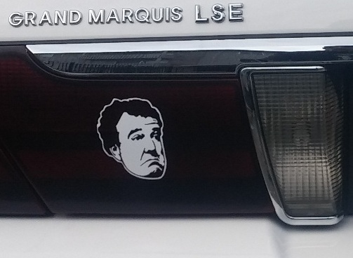 Photo of a Grand Marquis LSE trunk lid with a Top Gear character decal