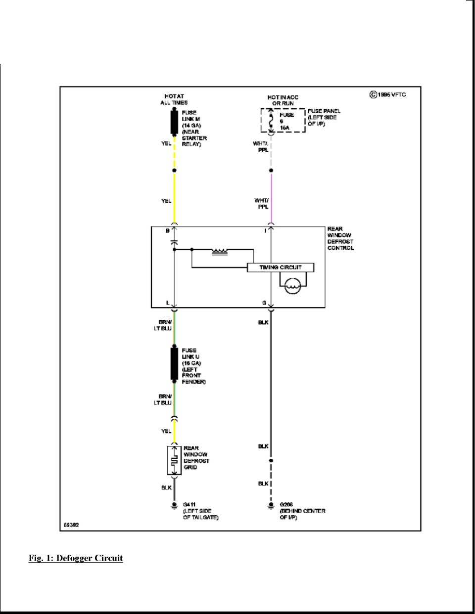 Rear window defogger circuit wiring diagram with defrost control, fuse links and grid