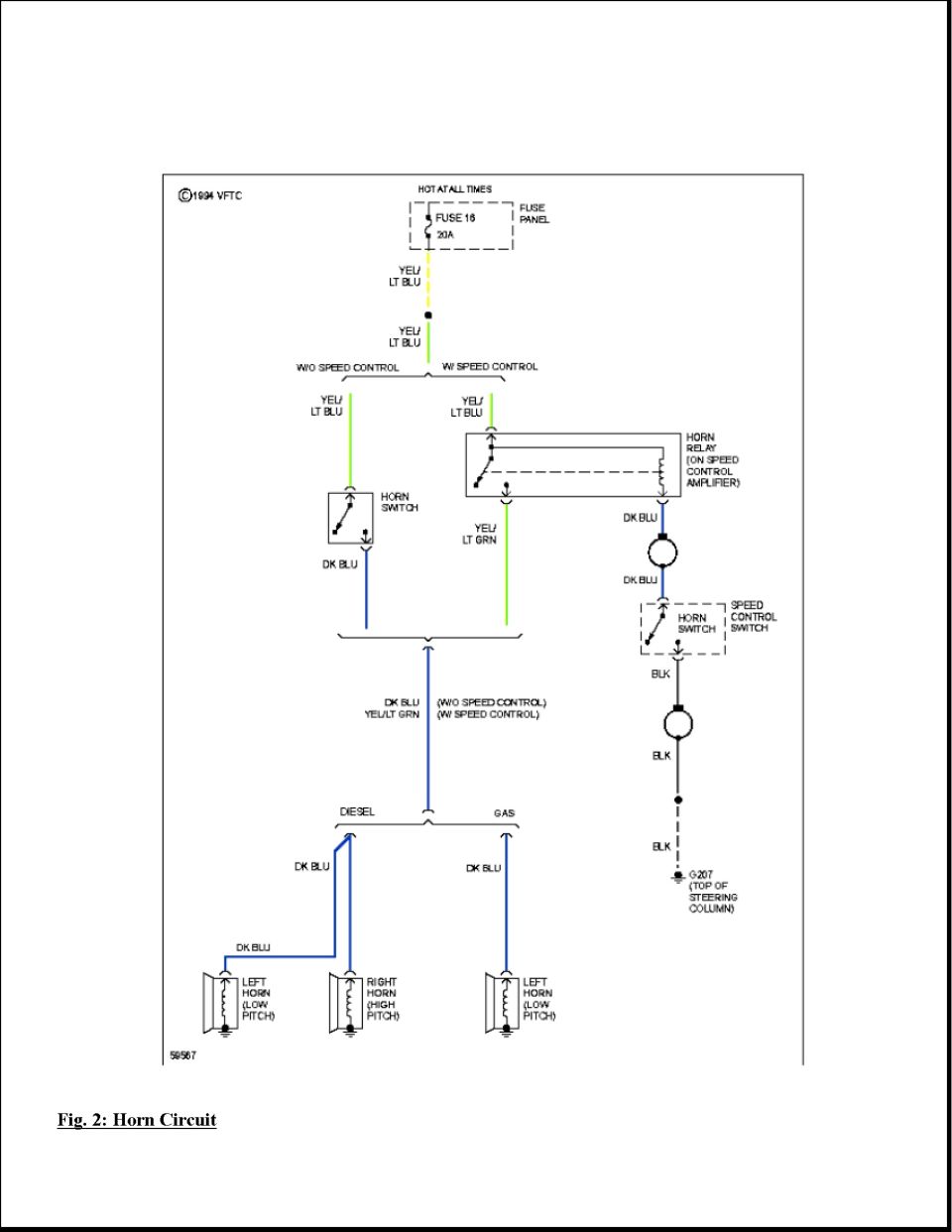 Horn circuit wiring diagram with fuse 16, horn relay, horn switches and left and right horns