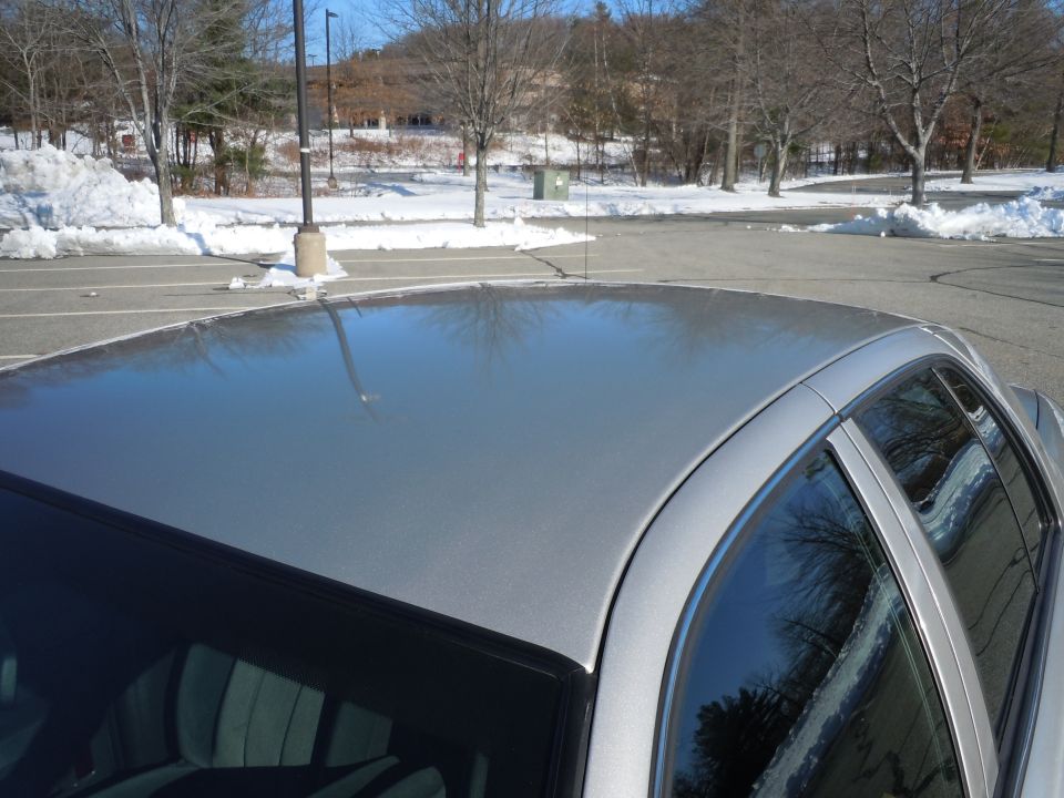 Silver sedan roof and side window reflecting trees and sky