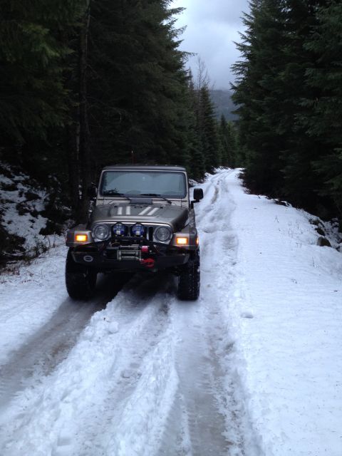 2005 Jeep Wrangler - A tan Jeep Wrangler is driving down a snow-covered dirt road surrounded by tall evergreen trees. The vehicle has auxiliary lights mounted o…