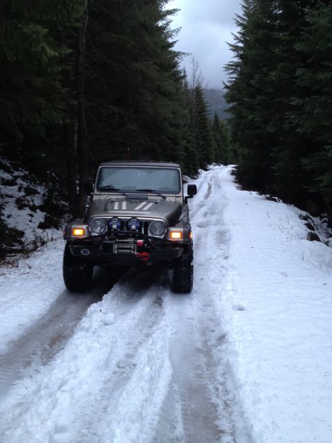 2005 Jeep Wrangler - A silver Jeep Wrangler is parked on a snow-covered dirt road surrounded by tall evergreen trees. The vehicle has orange turn signals illumi…