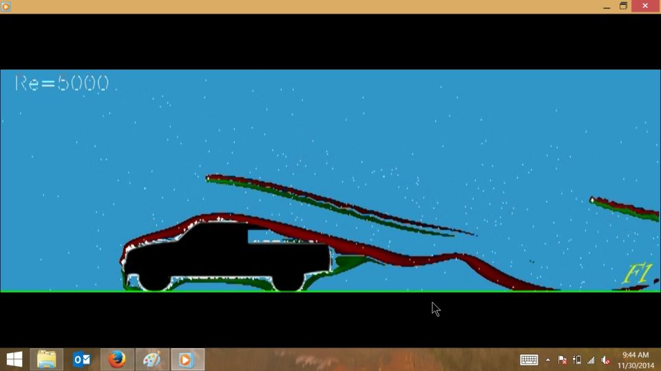 Black pickup truck silhouette with airflow simulation lines, text Re=5000