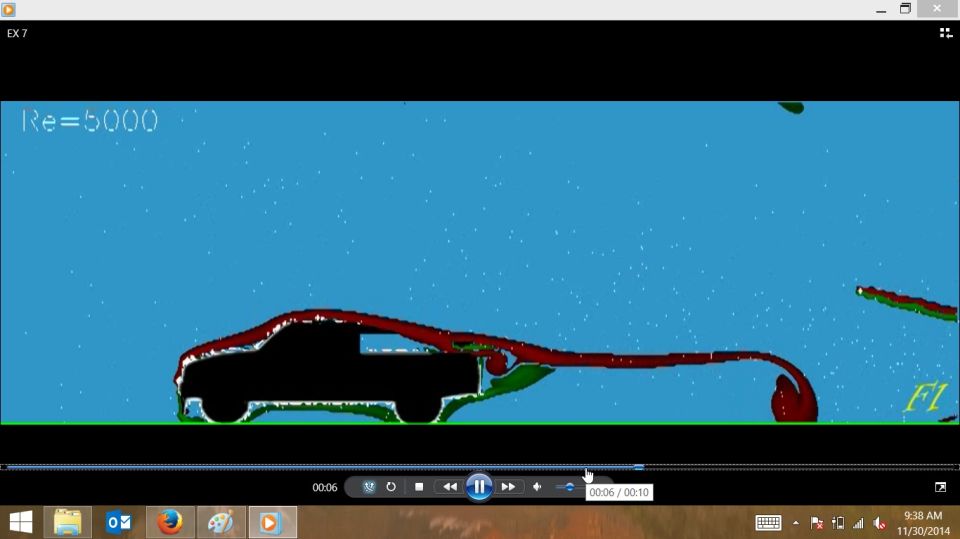 Side view simulation of airflow around a black pickup truck silhouette with red and green fluid dynamics.