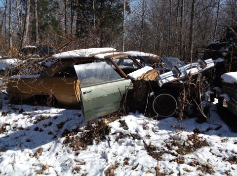 1974 Dodge Challenger - A dilapidated, two-door coupe with a gold exterior and a green door sits in a snowy wooded area. The driver's side door is open, revealing…
