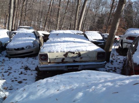 1974 Dodge Challenger - A rear view of a weathered, light-colored sedan covered in snow, parked in a wooded junkyard. The car has visible rust and peeling paint on…