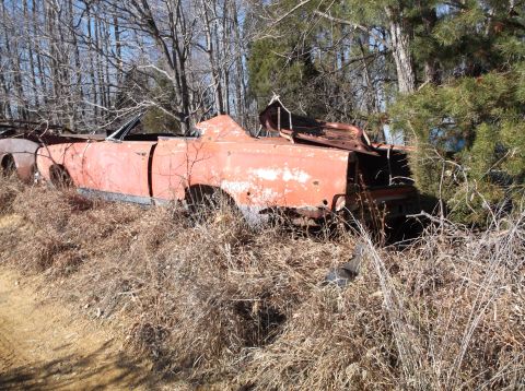 1974 Dodge Challenger - A rusted, orange convertible muscle car sits abandoned in a wooded area, overgrown with dry grass and branches. The vehicle is heavily dete…