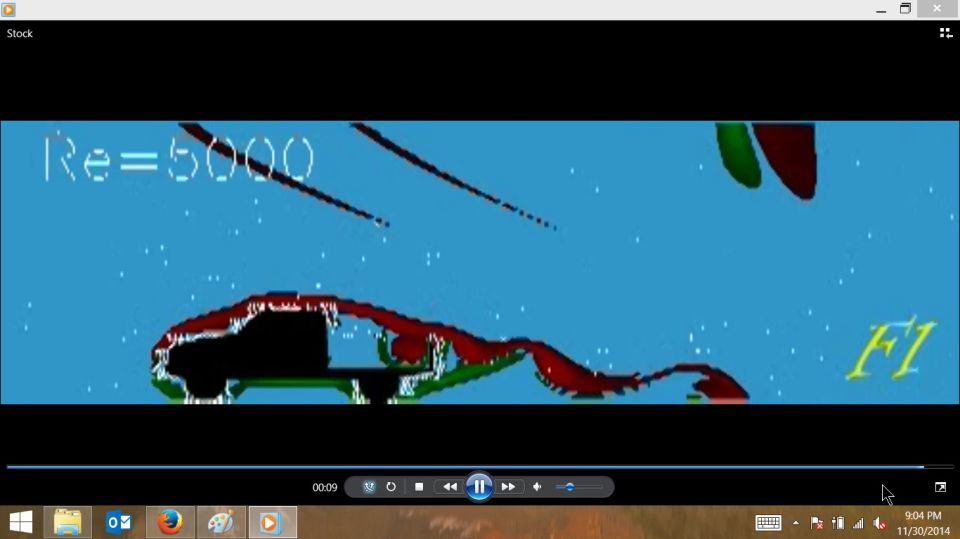 Screenshot of a video player showing a computer animation with text Re=5000 and F1.