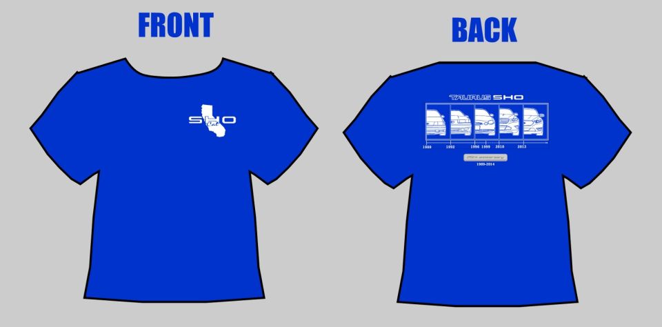 Blue t-shirt graphic with front and back designs featuring Taurus SHO text and car outlines.