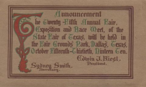 1909 Ford Model T - This document announces the 25th Annual State Fair of Texas, held in Dallas in October 1910.