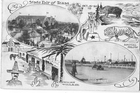 1909 Ford Model T - Two vintage cars compete in an auto race at the State Fair of Texas, depicted in a postcard illustration.