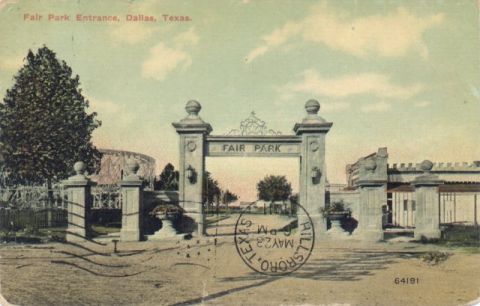 1909 Ford Model T - A vintage postcard shows the Fair Park entrance in Dallas, Texas, with a postmark from Hillsboro, Texas.