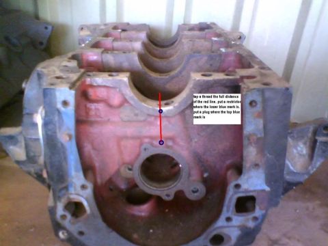1972 Ford Ranchero - Engine block part with instructions for tapping a thread and placing a restrictor or plug.