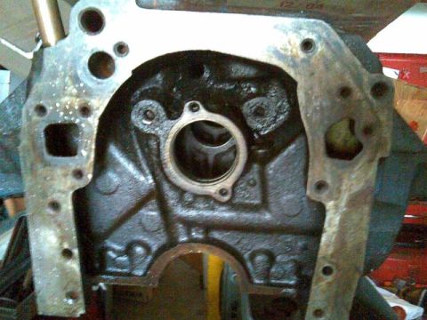 1972 Ford Ranchero - This is a close-up view of a disassembled engine block, showing internal components and mounting holes.